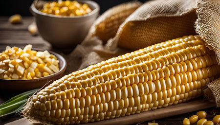 A close-up image of a fresh ear of corn on the cob, showing its vibrant yellow kernels and rustic...
