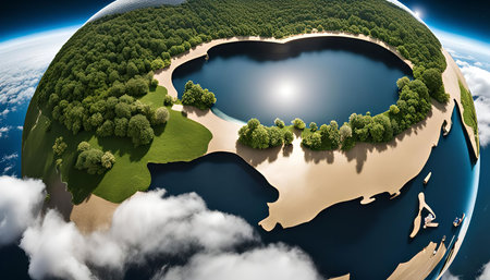 A miniature planet with a green forest, blue lake, and white clouds against a blue sky, creates a surreal and peaceful atmosphere.の写真素材