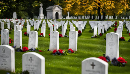 A poignant view of a military cemetery with rows of white headstones, each adorned with a poppy wreath, signifying remembrance and sacrifice.の写真素材