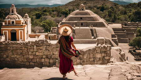 A woman in traditional Mexican clothing walks through the ancient ruins of a temple complex in Mexico. The pyramid, towering behind her, tests to the rich history of the region.の写真素材