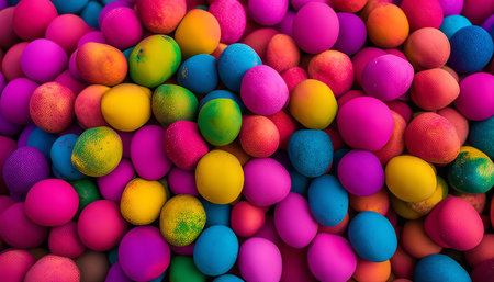 A close-up image of a variety of colorful Easter eggs, showing vibrant hues and textures.の写真素材