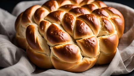 A close-up shot of a freshly baked challah bread, showing its golden brown crust and fluffy texture.の写真素材