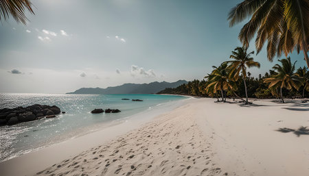 A picturesque scene of a tropical beach with white sand, clear blue water, and lush palm trees swaying in the gentle breeze.の写真素材