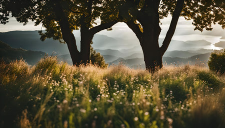 A picturesque landscape featuring two silhouetted trees against a backdrop of rolling hills and a distant lake. The golden light of sunrise or sunset bathes the scene in warmth.の写真素材