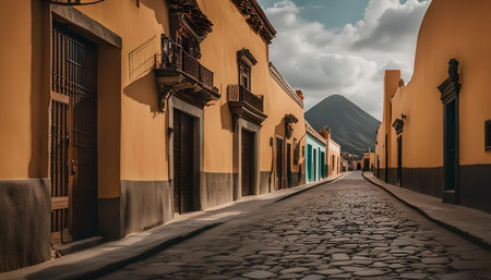 A narrow cobblestone street lined with old buildings in a quaint town. The yellow buildings have wooden doors and windows, and the street leads towards a mountain in the distance.の写真素材
