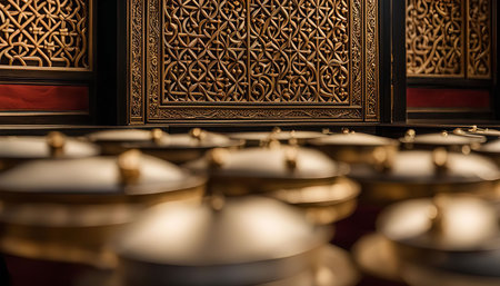 A close-up shot of golden vessels in front of intricately carved wooden panel, creating a visual interplay between texture and detail.の写真素材