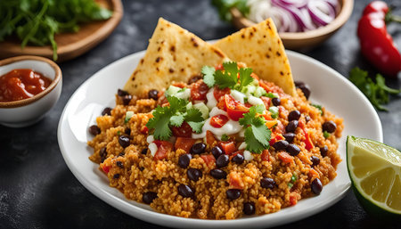 A colorful and flavorful couscous dish with black beans, tomatoes, cilantro, and tortillasの写真素材