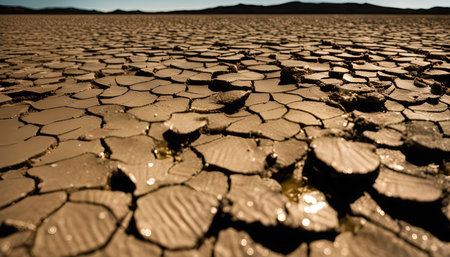 A close-up shot of cracked earth in a desert landscape. The dry, arid soil is cracked and broken...