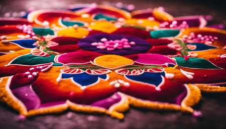 A vibrant and detailed mandala design in intricate patterns and colors, showing the artistry and cultural significance of this symbolic form.の写真素材
