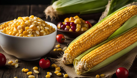 A close-up shot of a bowl of sweet corn kernels and two ears of corn on a wooden table, with a...