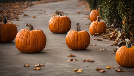A line of pumpkins is arranged on a pathway, leaves are scattered on the ground creating a cozy autumn scene.の写真素材