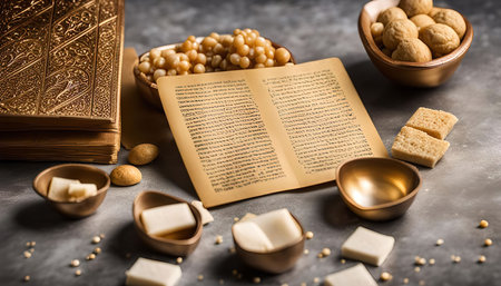 A still life image of a variety of sweets placed on a table. The image features golden bowls with white and brown sweets, a book, and a gray background.の写真素材
