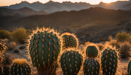 A group of cacti stand tall in the desert, illuminated by the setting sun. The mountains in the distance are bathed in a warm golden light.の写真素材