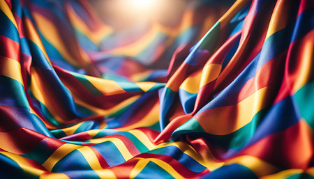 A close-up photograph of a rainbow pride flag with vibrant colors and a silky textureの写真素材
