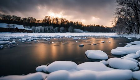 A breathtaking winter scene capturing a serene sunset over a frozen lake. The snow-covered landscape is bathed in a warm golden light, reflecting off the still water and creating a sense of tranquility and peace.の写真素材