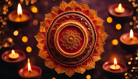 A close-up of a beautifully decorated candle holder surrounded by lit diyas, symbolizing the celebration of Diwali.の写真素材