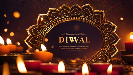 Happy Diwali greeting card featuring a glowing golden mandala with candles surrounding it, symbolizing the festival of lights.の写真素材