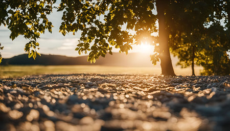 A low-angle shot of the sun shining through the leaves of a tree, casting a warm glow on the ground.の写真素材