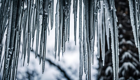 A close-up image of icicles hanging from a tree branch in winter.の写真素材