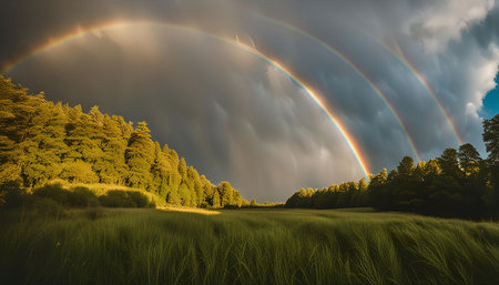 A stunning photograph of a double rainbow over a grassy field with a forest in the background.の写真素材
