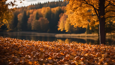 A beautiful autumn landscape with fallen leaves on the ground, a lake in the background, and a tree with orange leaves.の写真素材