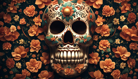 A sugar skull decorated with flowers, a traditional Mexican symbol of the Day of the Dead.の写真素材