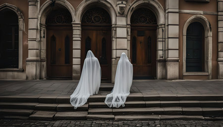 Two ghostly figures in white shrouds stand on the steps of an old building, their faces obscured, creating a sense of mystery and eeriness.の写真素材