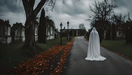 A ghostly figure walks down a path in a cemetery, shrouded in fog and mystery. The scene is eerie and evocative, suggesting a sense of the supernatural and the unknown.の写真素材