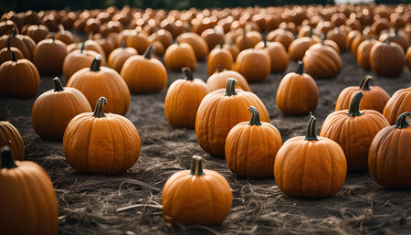 A field of pumpkins ready for harvest, with the warm orange color dominating the image.の写真素材