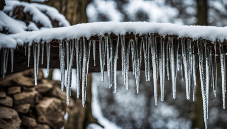 Icicles hang from a wooden beam covered in snow, the icy formations are sharp and delicate, a clear representation of winterの写真素材