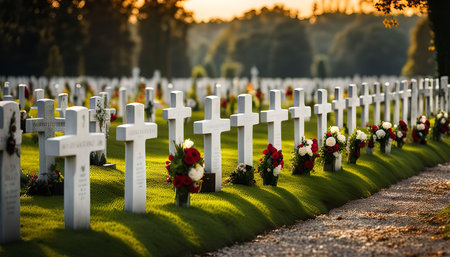 A solemn view of a military cemetery with rows of white crosses commemorating fallen soldiers.の写真素材