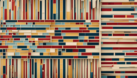 A vibrant and visually stimulating abstract artwork featuring colorful geometric shapes and patterns. The piece showcases a dynamic composition of stripes, blocks, and lines, creating a unique and eye-catching design.の写真素材