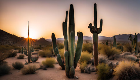 A beautiful desert landscape with tall cactus plants silhouetted against a golden sunset, creating a sense of peace and tranquility.の写真素材