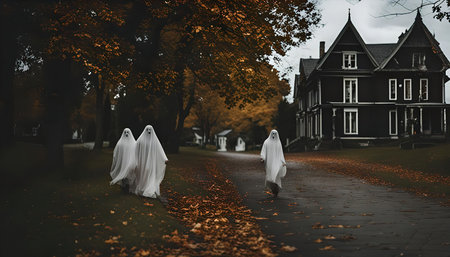 Three figures dressed as ghosts walk along a pathway towards a large, dark mansion. The surrounding trees and ground are covered in fallen autumn leaves.の写真素材