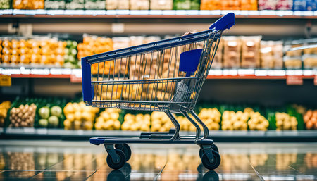 A shopping cart sits in an empty aisle of a supermarket. The shelves are stocked with fresh produce.の写真素材