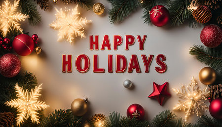 A festive Christmas card design featuring the message "Happy Holidays" surrounded by classic decorations like ornaments, pine branches, and snowflakes.の写真素材