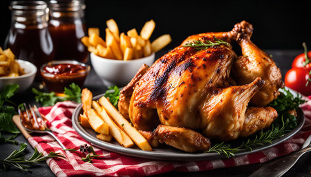 A close-up shot of a roasted chicken on a plate with french fries and rosemary. The chicken is golden brown and juicy, with crispy skin. It is a delicious and satisfying meal.の写真素材