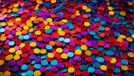 A colorful abstract background with a pattern of circles in shades of red, blue, yellow, and purple.の写真素材