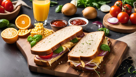 Two sandwiches filled with cheese, tomato, and onion on a wooden cutting board. The sandwiches are surrounded by fresh ingredients, including orange slices, corn, basil, and ketchup.の写真素材