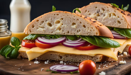 A close-up of a sandwich with cheese, tomato, and onion on a wooden board.の写真素材