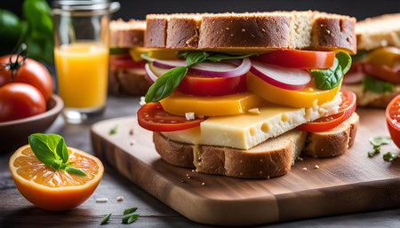 A close-up of a delicious sandwich filled with fresh vegetables, cheese, and basil on a wooden cutting board. A glass of orange juice and tomatoes are visible in the background.の写真素材