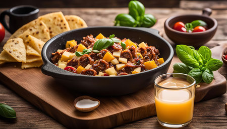 A delicious meal featuring a flavorful dish with tortillas, orange juice and fresh basil.の写真素材