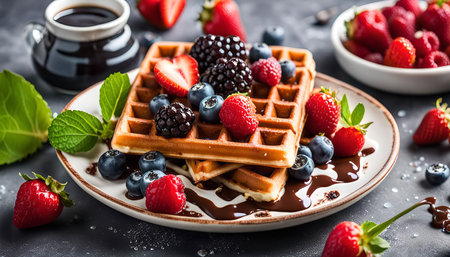 A plate of waffles topped with fresh berries and chocolate sauce.の写真素材