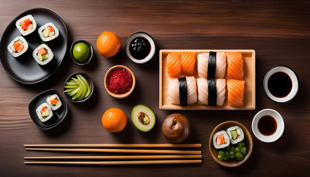 A platter of fresh sushi with various ingredients like salmon, rice, nori, and wasabi, arranged beautifully on a wooden table.の写真素材
