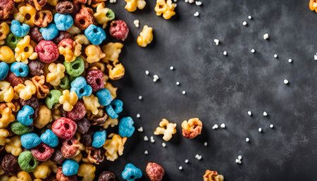 A colorful collection of breakfast cereal scattered across a dark surface.の写真素材