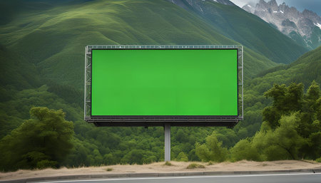 A blank billboard stands tall against a picturesque backdrop of rolling green mountains and a lush forest. The billboard is a perfect canvas for showcasing advertisements or promoting messages in a natural setting.の写真素材