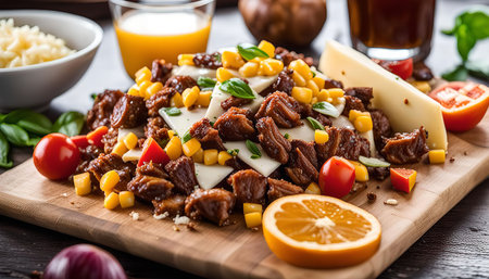 A close-up of a dish featuring grilled meat, corn, cheese, basil, tomatoes, and orange slices. It's a colorful and flavorful meal that's perfect for any occasion.の写真素材
