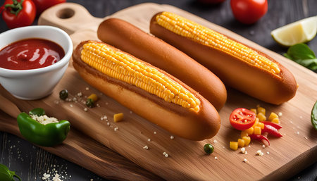 A close-up image of corn dogs on a wooden board, with ketchup and other condiments.の写真素材