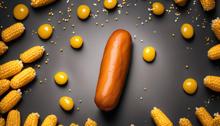 A close-up image of a corn dog on a gray background with yellow decorations. The corn dog is surrounded by small yellow decorations, creating a fun and playful scene.の写真素材