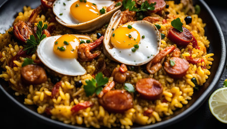 A close-up view of a plate of Spanish Paella, featuring a rich blend of rice, seafood, chorizo sausage, and fried eggs. The dish is beautifully arranged, with the vibrant colors of the ingredients showing the culinary artistry of this traditional Spanish meal.の写真素材